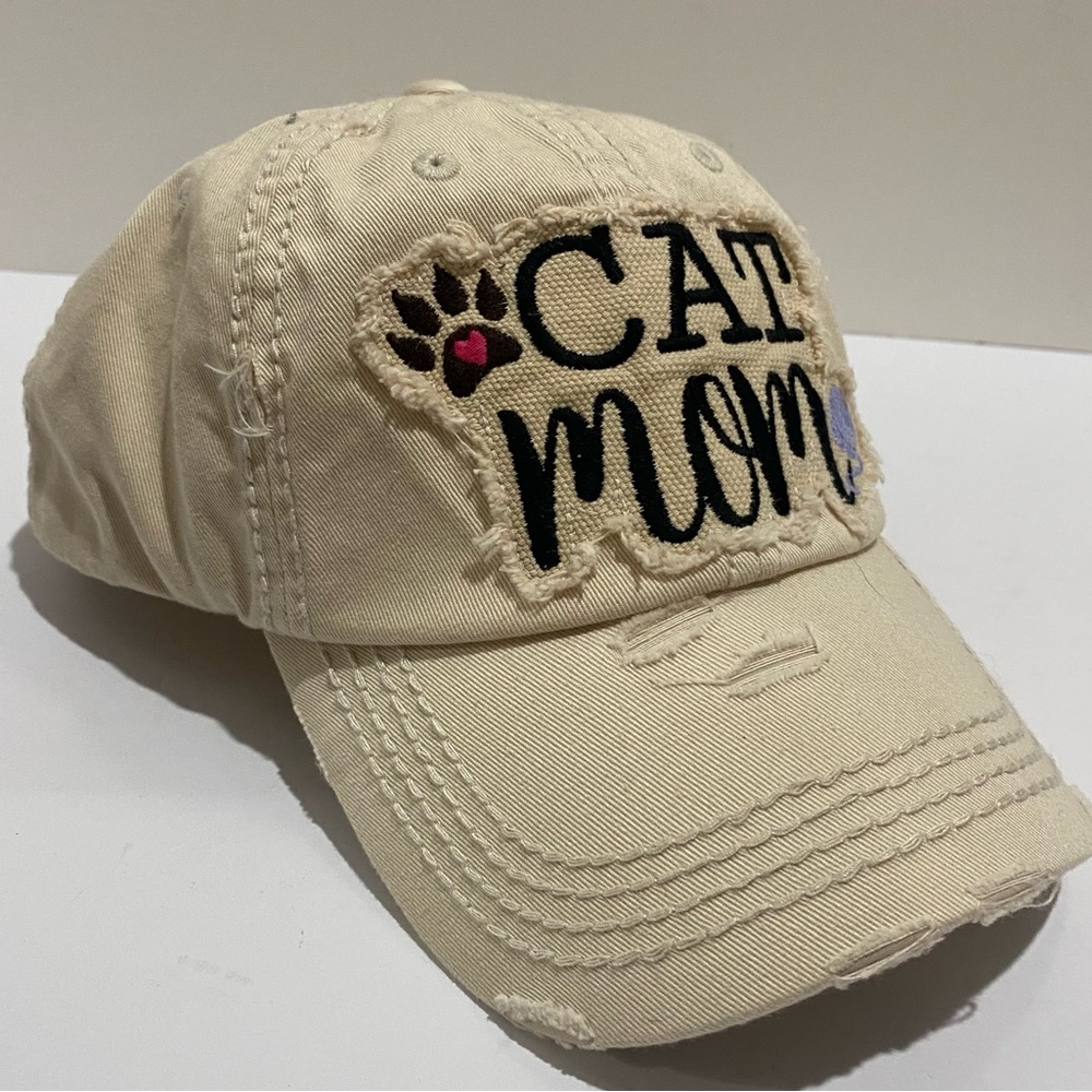 KBETHOS Cat Mom Distressed Baseball Cap Beige Tan Paw Print Heart Adjustable NWT